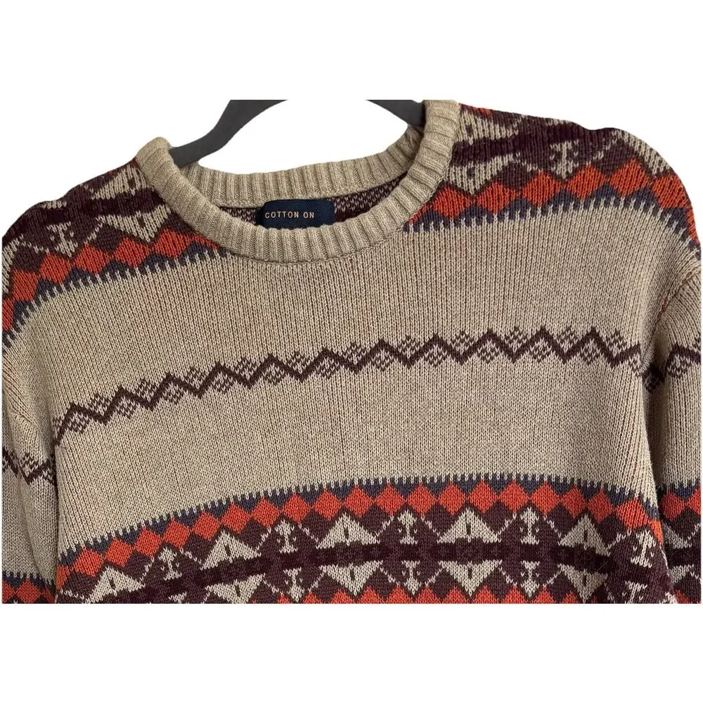 Cotton On Men’s Crew Neck Sweater Sz M Aztec Print 100% Cotton Outdoors Preppy